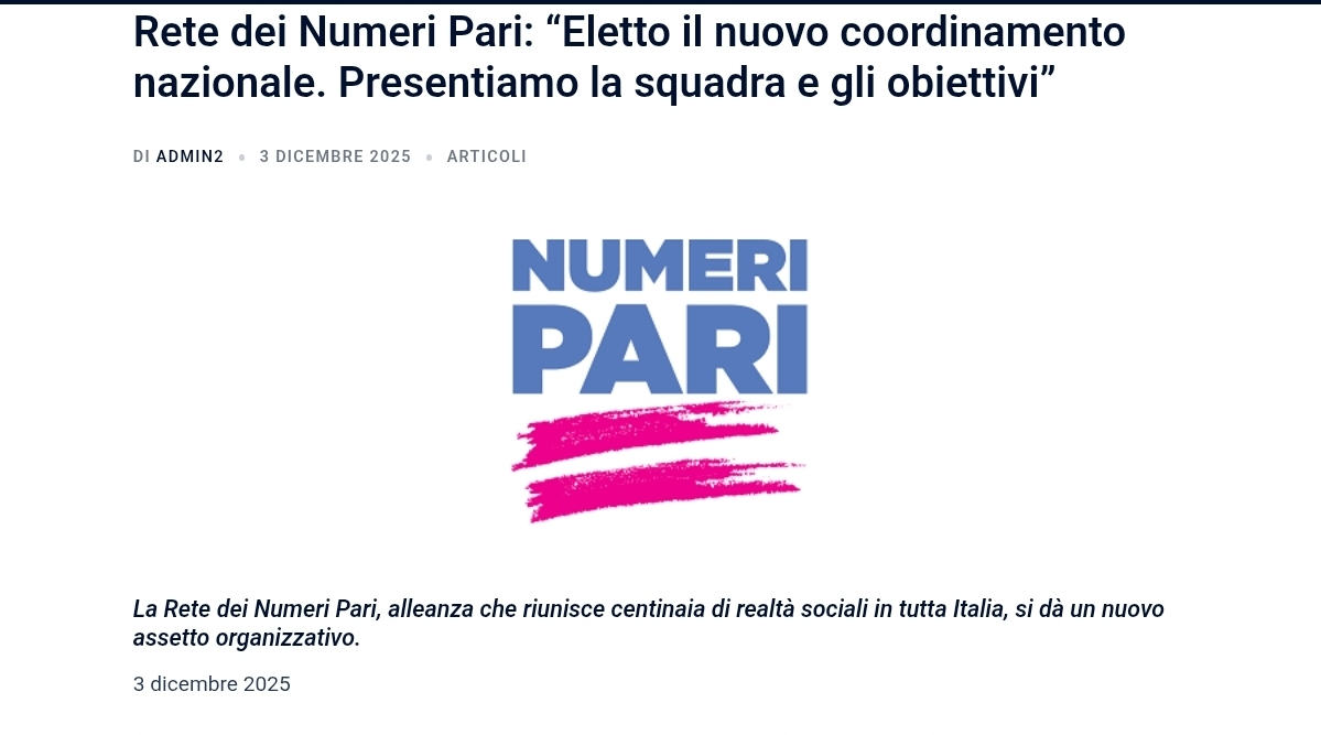 Rete dei Numeri Pari: “Eletto il nuovo coordinamento nazionale. Presentiamo la squadra e gli obiettivi”